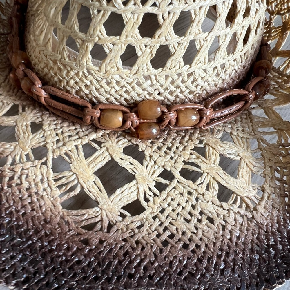 Unisex  Tan cowboy straw  Hat with Bead Accents NWOT - Picture 3 of 6